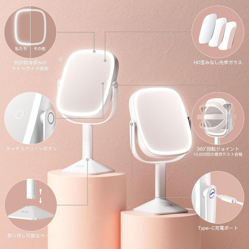 CHICLEW Makeup Magnification with Light Large 24cm Large Actress Stepless 3 Color LED Adjustable Detachable Touch USB Rechargeable Mirror, 1X/10X