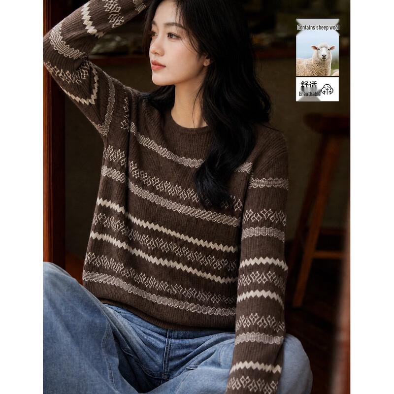 Demana Women's Lamb Wool Blend Retro Jacquard Knit Sweater