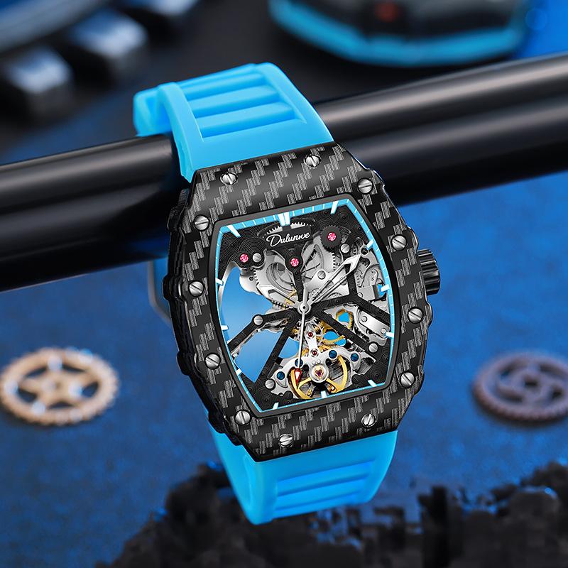 Tonneau Dial Men Automatic Mechanical Watch Skeleton Tourbillon Male Wristwatch Top Brand Luxury Rubber Strap Reloj Hombre