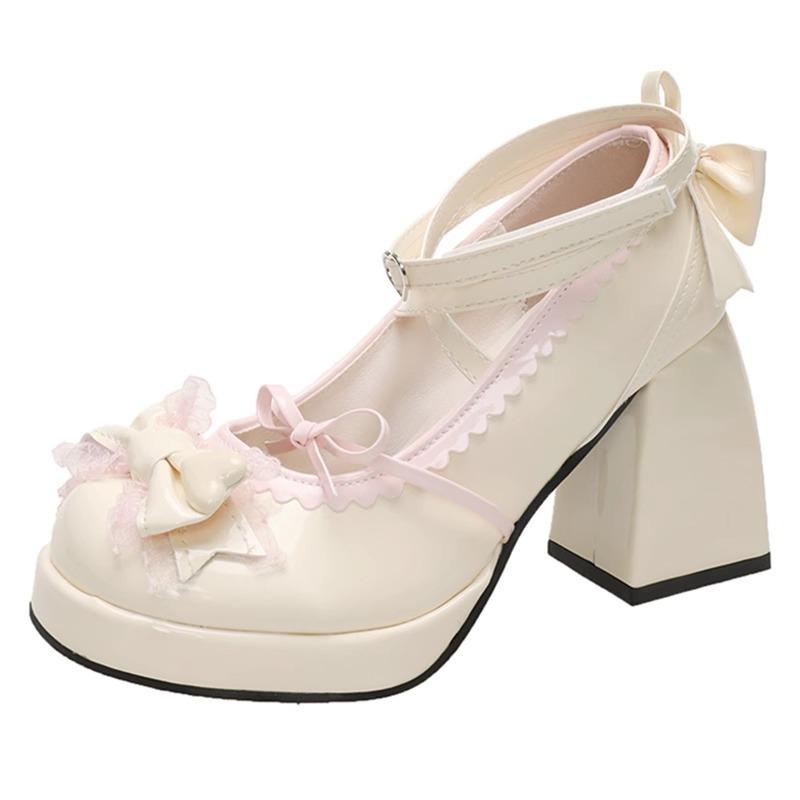 Lolita Shoes Temperament Mary Jane Waterproof Table Thick Heel High Heels Strap Bow Sweet Girl Lolita Shoes