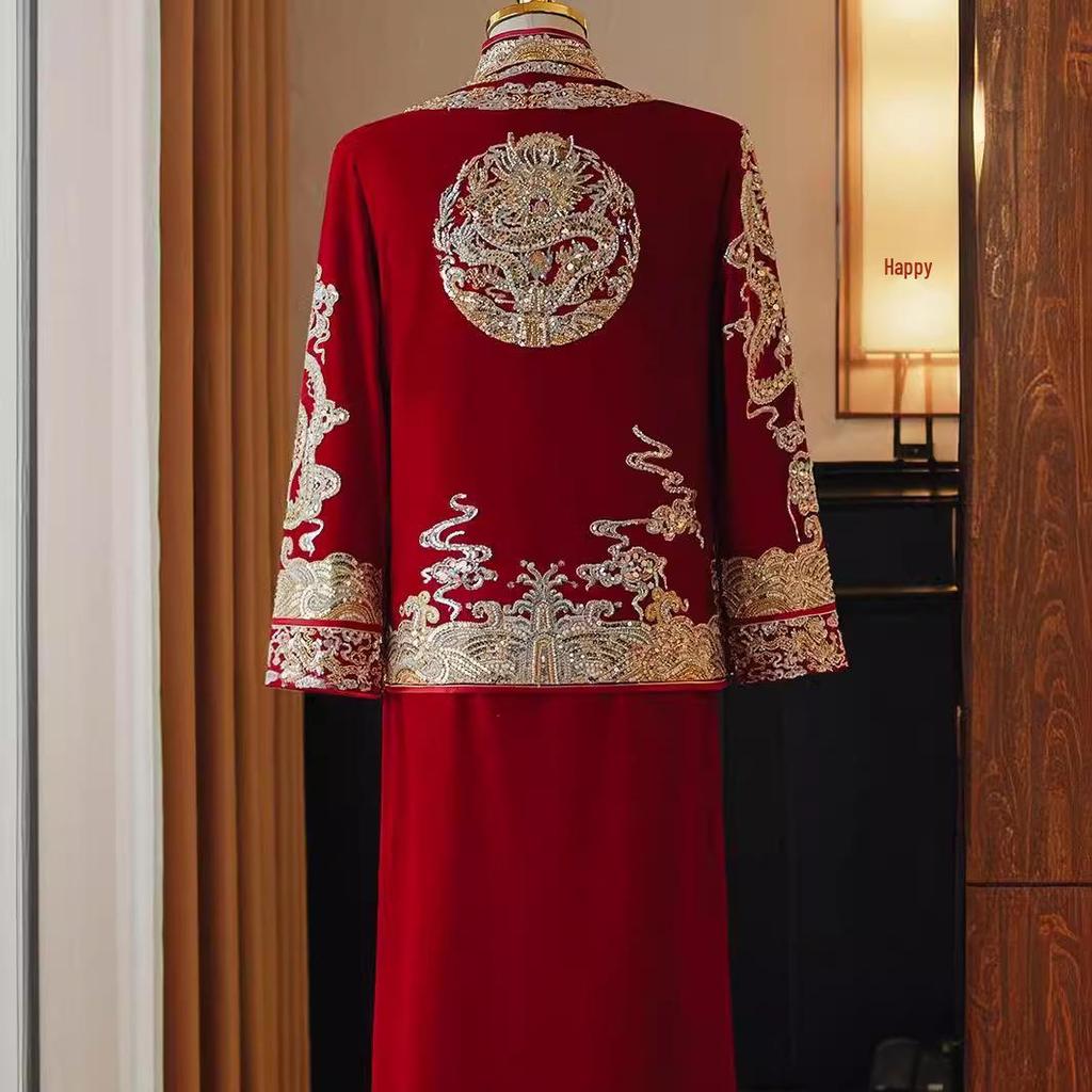 Herren 2024 Xiuhe Samt Hochzeitsanzug: Chinesisches Bräutigam Drachen & Phönix Gewand, Übergröße verfügbar