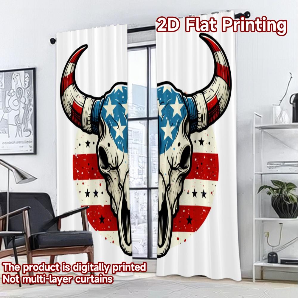 2D FLAT PRINTING 2pcs Curtains (Without Rod) Patriotic Bull Skull Print Chic Curtains Prints Light Filtering Curtains Gifts Use