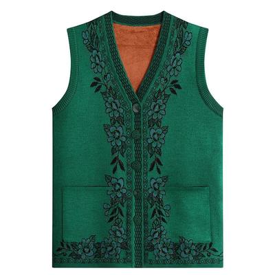 Middle-aged Autumn Winter Clothes Plus Velvet Horse Clip Women's Warm Vest Mother's Suit Thickened Sweater Knitted Cardigan