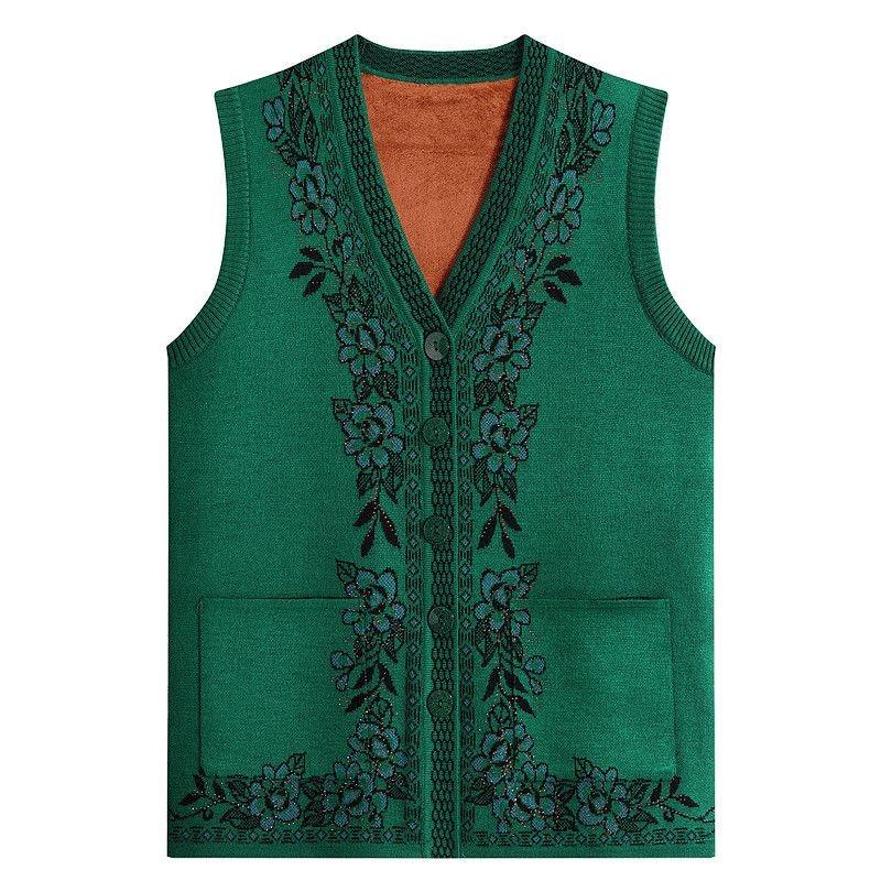 Middle-aged Autumn Winter Clothes Plus Velvet Horse Clip Women's Warm Vest Mother's Suit Thickened Sweater Knitted Cardigan