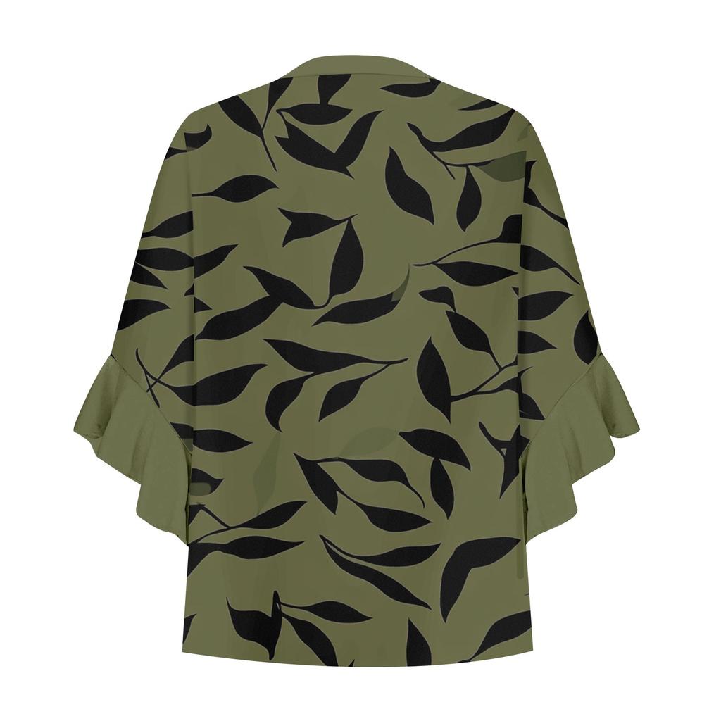 Women's Summer Tops V Neck Three-quarter Sleeves Floral Print Flowing Ruffle Sleeves Half-button Shirt