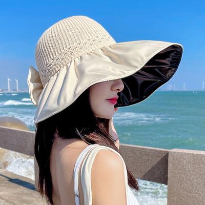 Chapeau de soleil d'été pour femmes, chapeau respirant et pliable à large bord avec bonnet tricoté à nœud papillon, Protection UV