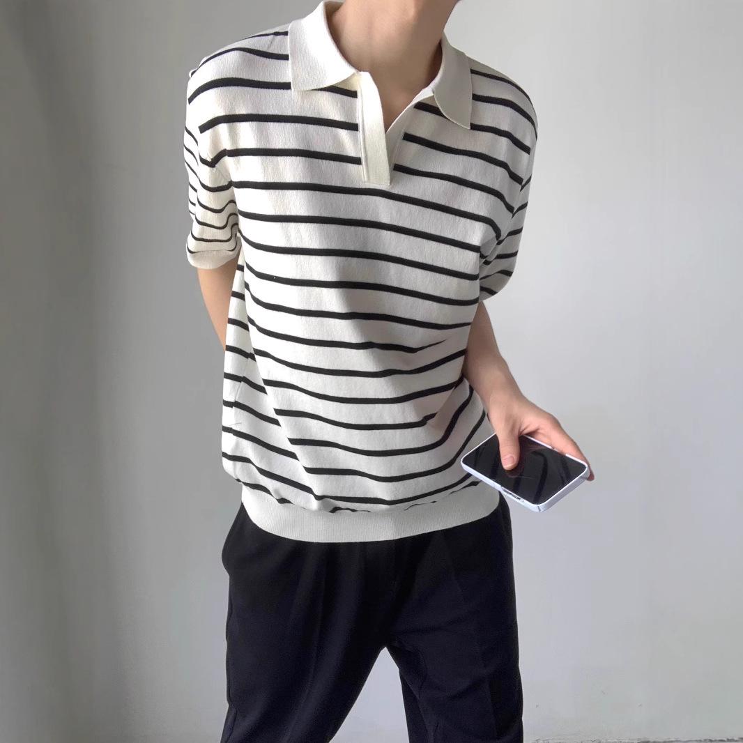

Мужское летнее поло 2025 года с V-образным вырезом из ледяного шелка в полоску: Модная футболка с лацканами и короткими рукавами Large белый
