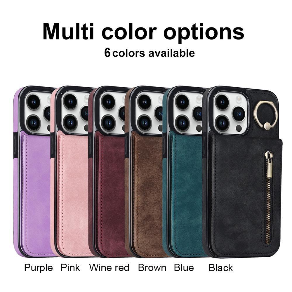 Plånbok Korthållare Flip 360° Ring Kickstand Dragkedja Läderfodral för iPhone 15 14 13 12 11 Pro Max XS MAX /Samsung S23 S22 S21 Ultra Plus A13 A14 A53