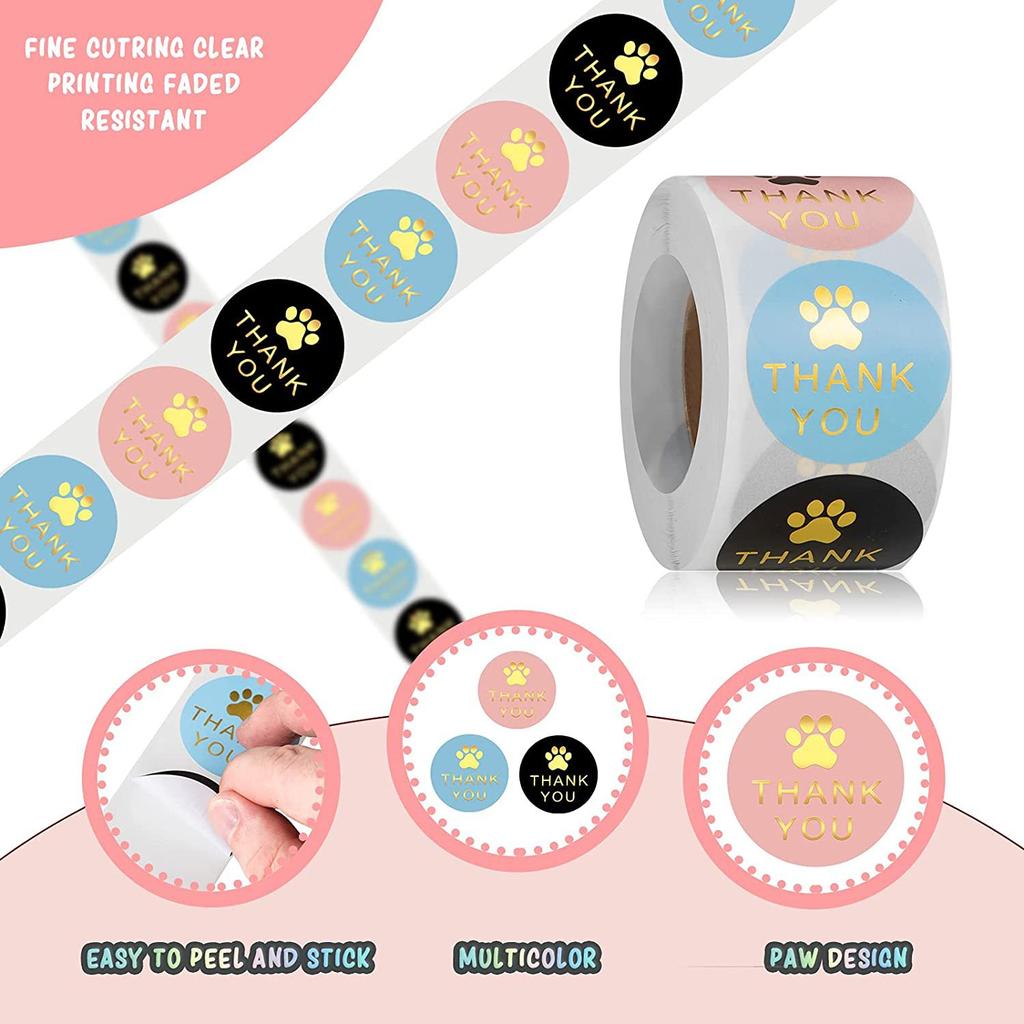 100-500Pcs Thank You Labels Stickers Round Paw Print Stickers Self-Adhesive Labels Suitable for Gift Box Bags Package Decor