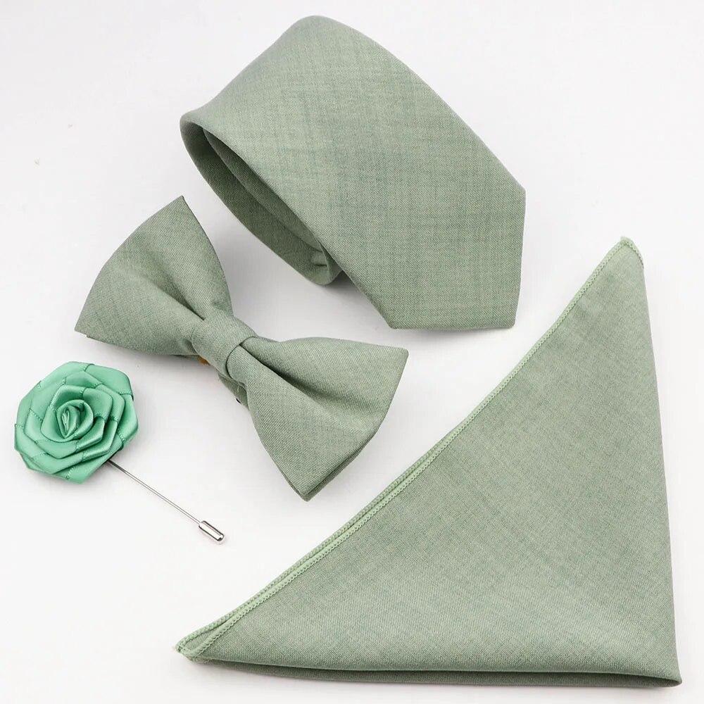 Sada 4ks kravat, Pánské, Šalvějová zelená, Motýlek na kravatu z bavlny, Brož na manžetové knoflíčky, K obleku pro ženicha, Svatba,