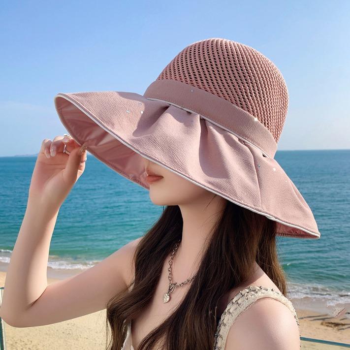 Beach New Hats for Women Knitted Mesh Breathable Fisherman Hat Sequins Colored Glue Sun Protection Sun Hat Summer Sun Hat