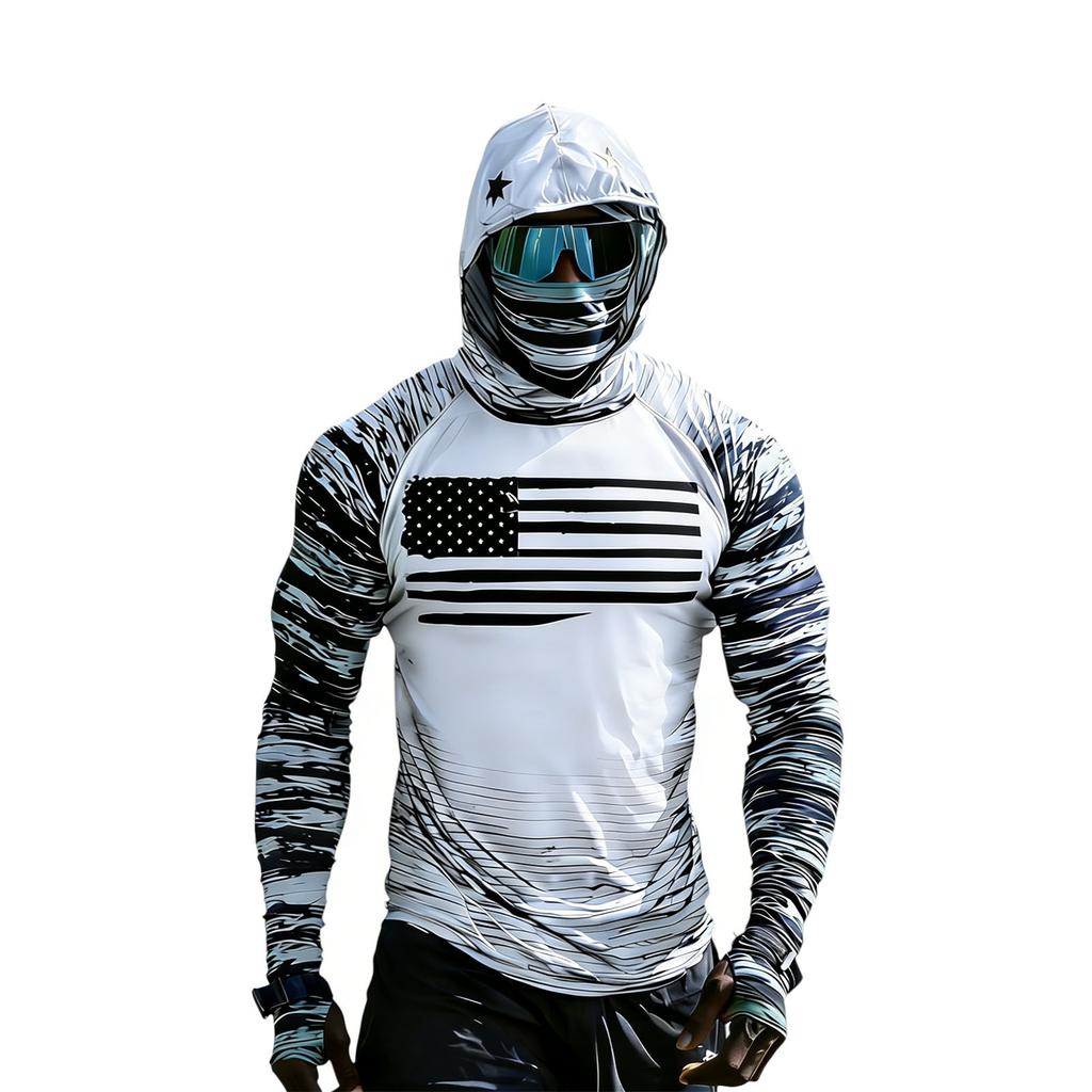 Long Sleeve Hooded Shirt with Face Covering and Flag Print Lightweight Pullover for Outdoor Sports and Activities