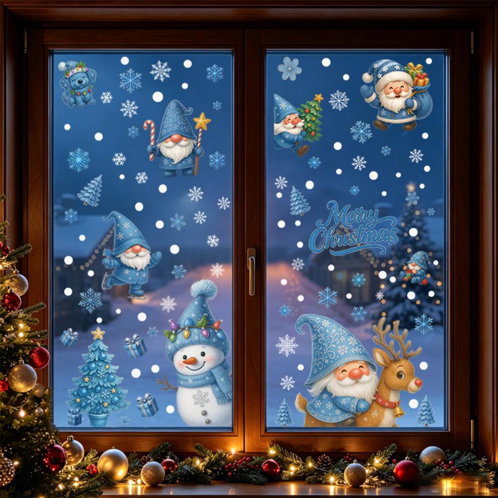 Christmas Static Window Clings with Blue Gnome, Snowman and Snowflake Designs for Storefront, No Glue, No