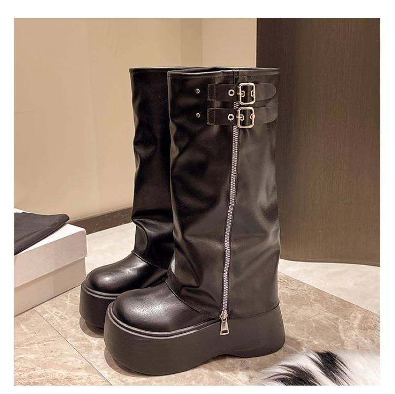 Fashion New Spring Retro Trend Minimalist Women Thick Soled Height Increasing Shoes Women Fashionable Versatile Knee High Heels Boots