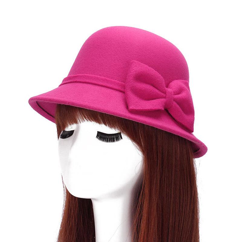 Women's Korean Style Double Bowknot Wool Felt Basin Hat