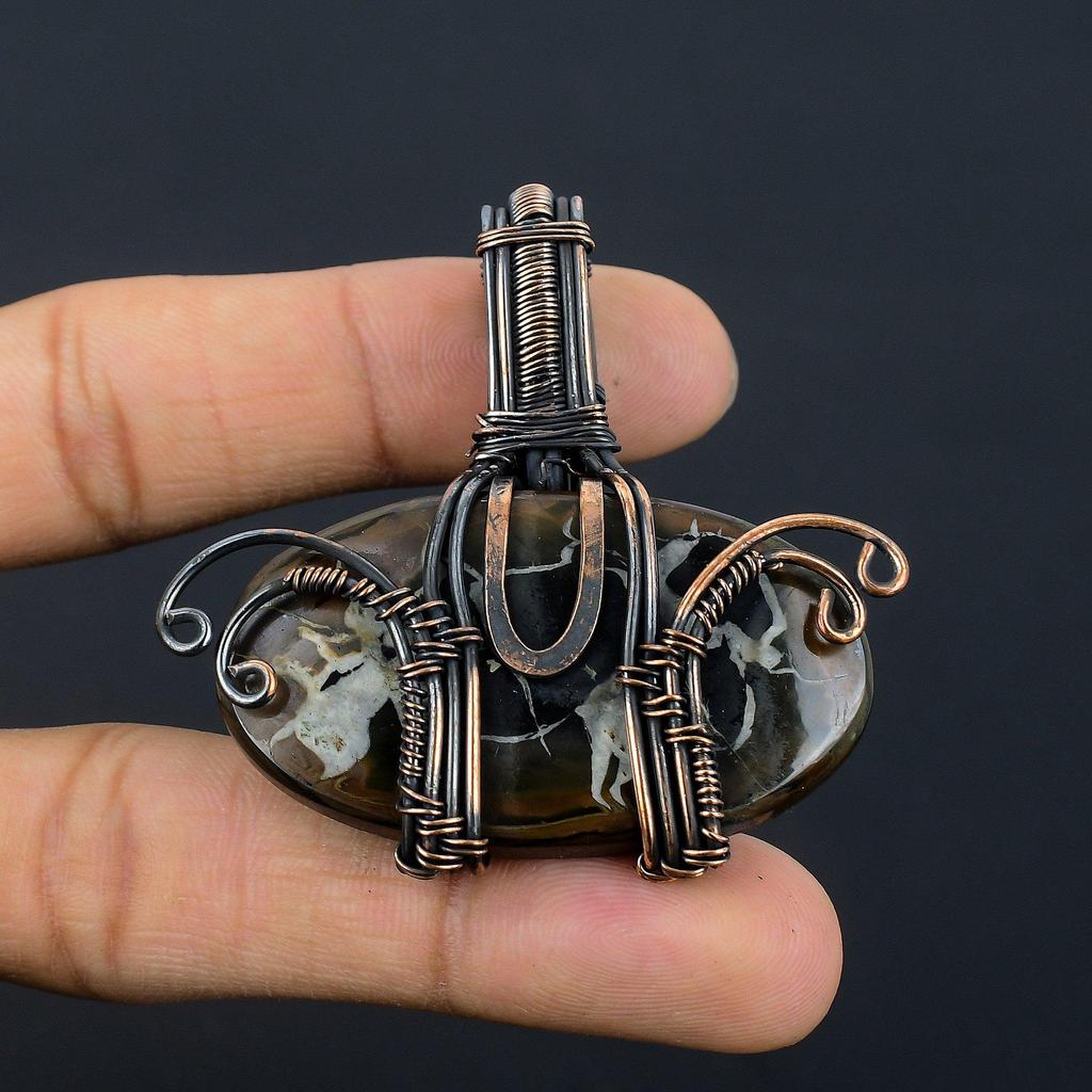 Mud Crack Fossil Pendant, 999 Copper Wire Wrapped Gemstone Jewelry, Handmade Tree Of Life Pendant, For Thanksgiving