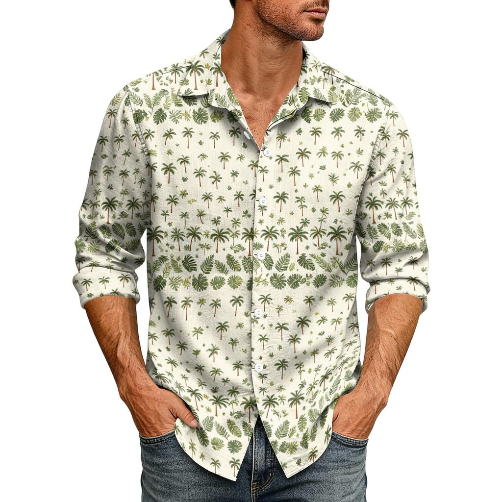 Men's Hawaiian Loose Fit Long Sleeve Button Down Shirt Retro Casual