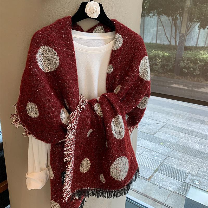 Retro Dot Print Fashion Winter Women Knitted Scarf Headscarf Casual Preppy Tassel Scarve Lady Mujer Thick Wrap Shawl Korean New