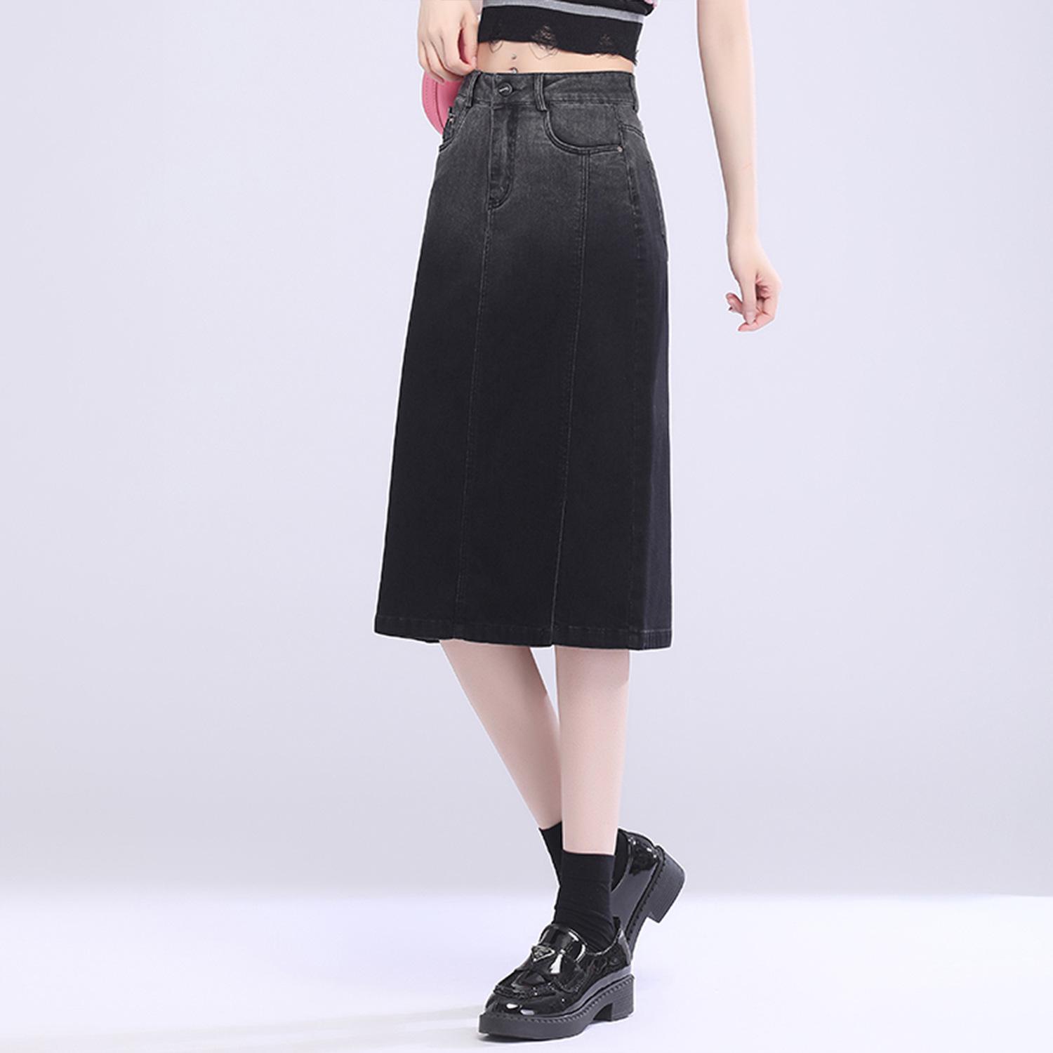 

Женская джинсовая миди-юбка с высокой посадкой и градиентным эффектом, с боковыми разрезами - Летний А-силуэт, облегающий фигуру L [105-115 jin]