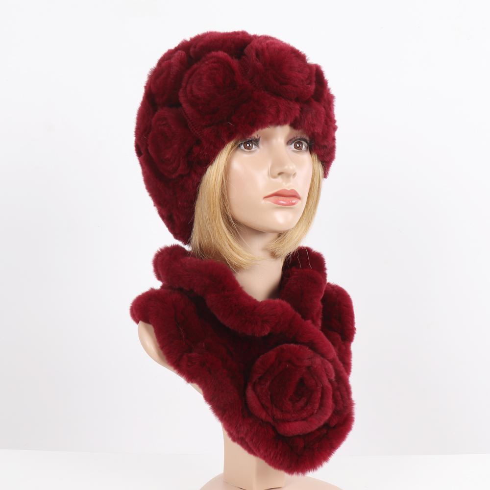 Нові Жіночі Зимові Хутряні Шапки Шарфи Набори Натуральні Теплі Справжні Шапки з Хутра Кролика Рекс Шарфи Леді В'язані Шапки з Натурального Хутра Шарф