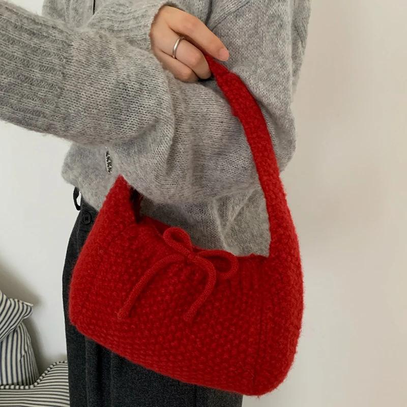 Knitted Tote Bag For Women Soft Shoulder Bag Daily Commuter Versatile All Match Handbag Double Sided Bow Underarm Purse