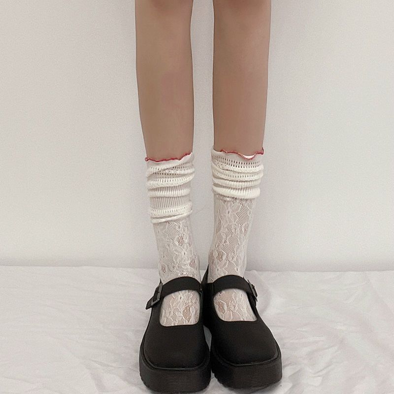 Japanese-style JK Lace Ruffle Slouch Socks for Women | Creamy White Calf-Length Half Socks - Sweet Short Knee-High Mesh Socks Summer Thin Style