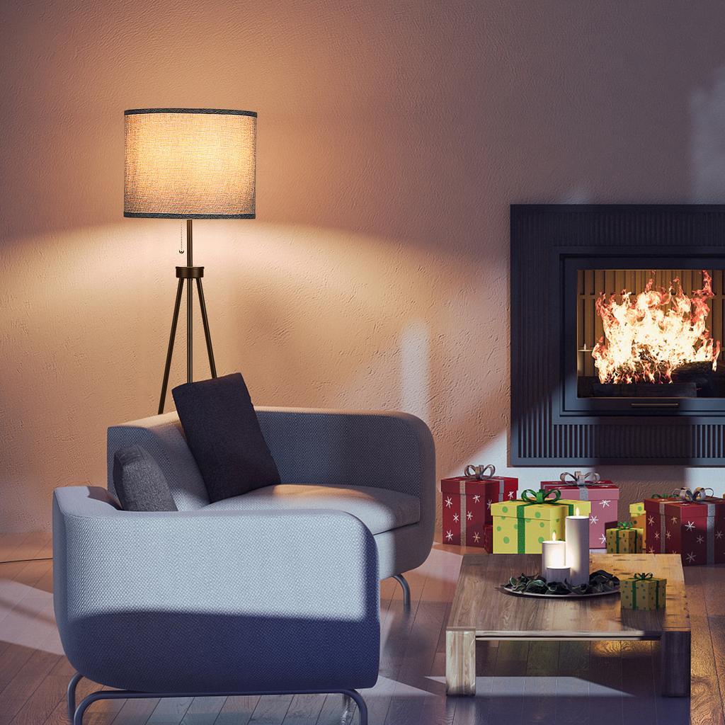 Pulling Tripod Floor Lamp Modern Design Standing Light with Linen Lampshade for Living Room Bedroom Study Room