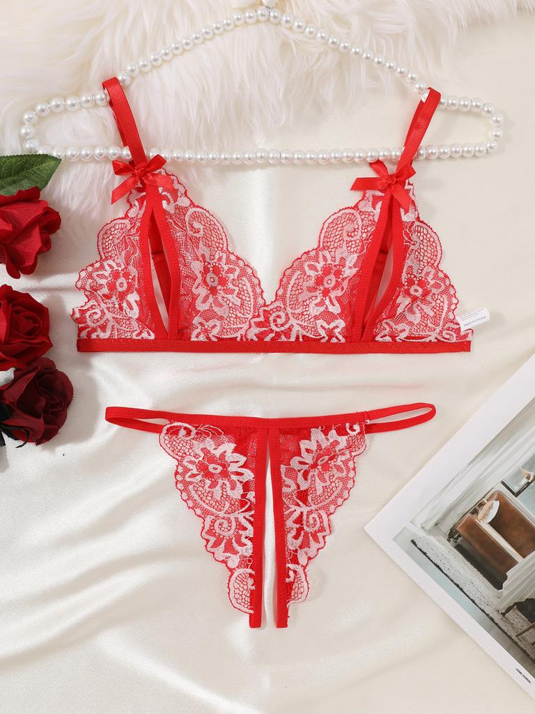 Women Floral Sexy Lingerie Set, Open Chest Bra And Crotchless Thong Sets, See Through Erotic Clothing, Valentine's Day Gift