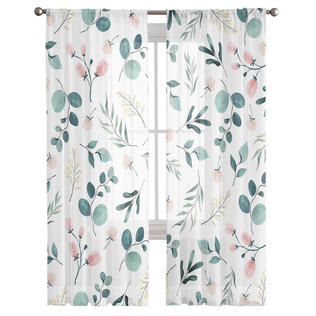Summer Plant Green Leaf Watercolor Bedroom Curtains Tulle Sheer Curtain Living Room Home Decor Voile Drapes