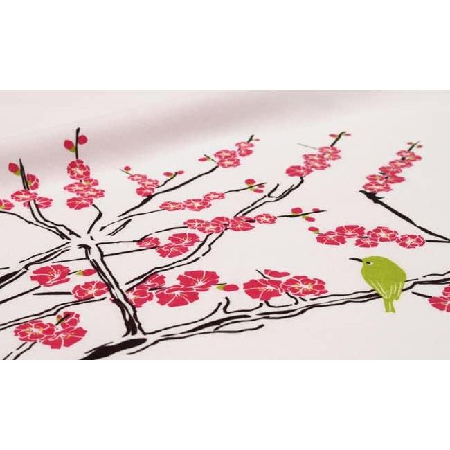 Somen Anbo Tenugui "Plum Blossoms and Nightingale, Crimson Plum" Hand-dyed 100% Cotton Tokka Made in Japan 35cm x 100cm Hanging Scroll Stick Kendo
