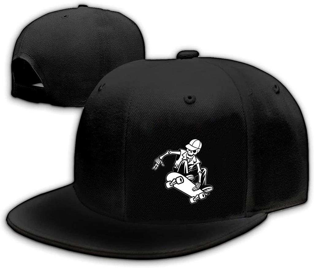 Skeleton Skateboarder Graphic Black Flat Bill Snapback Hat Adult Outdoor Adjustable Baseball Cap