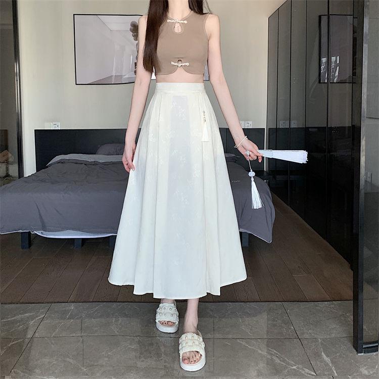Elegant Jacquard Pleated Skirt for Petite Women - Elastic Waist, Slimming Design, Trendy Chinese Style