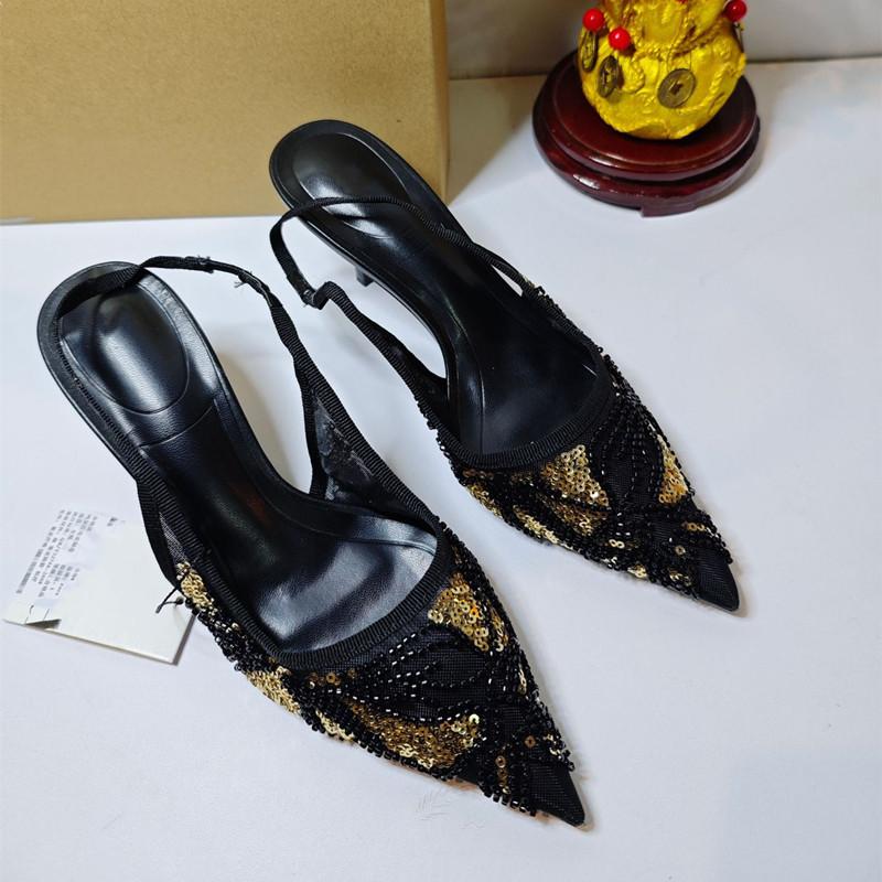 Fashion Bling Bling Fashion Sequined String Bead Women Pumps Summer Elegant Pointed Toe Air Mesh Slingbacks Thin High Heels Party Shoes