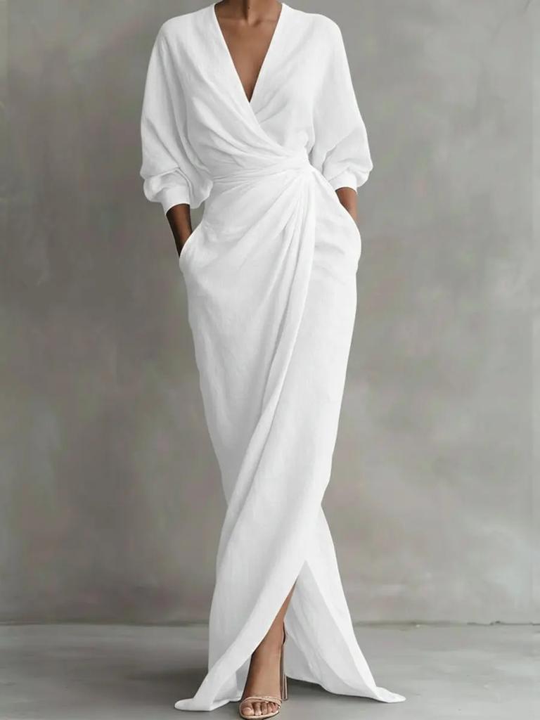 New Elegant Solid Color V-Neck Long Sleeve Ruched Waist Pocket Dress