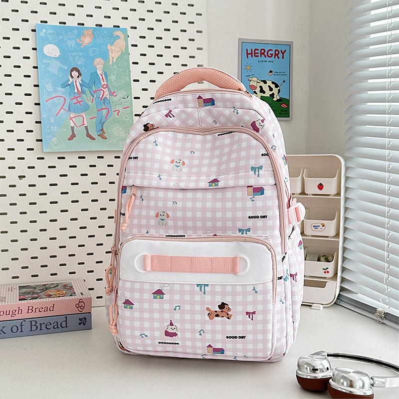 New high-value, fresh and sweet plaid cute cartoon backpack, lightweight backpack for junior high school students