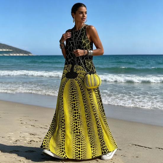 Vestido Maxi de Verano para Mujer, Vestido Largo Estampado sin Mangas de Cuello Redondo, Atuendos Casuales Fluidos para Vacaciones con Bolsillos