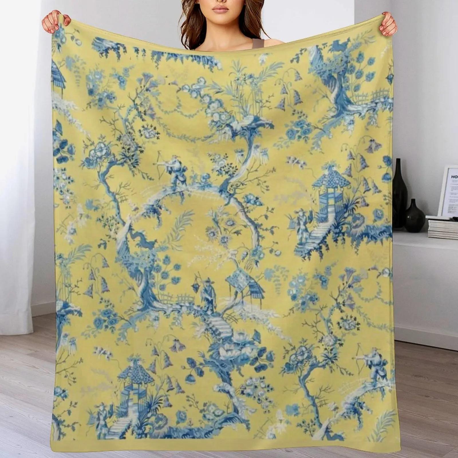 Blue and Yellow Toile Throw Blanket Versatile Cozy Throw Blanket for All Occasions 102x76cm(40x30in)