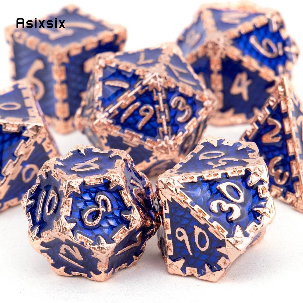 7 Stück blaue goldene Fischschuppen-Metallwürfel aus massivem Metall, polyedrisches Würfelset, geeignet für Rollenspiele, RPG-Brettspiele, Kartenspiele