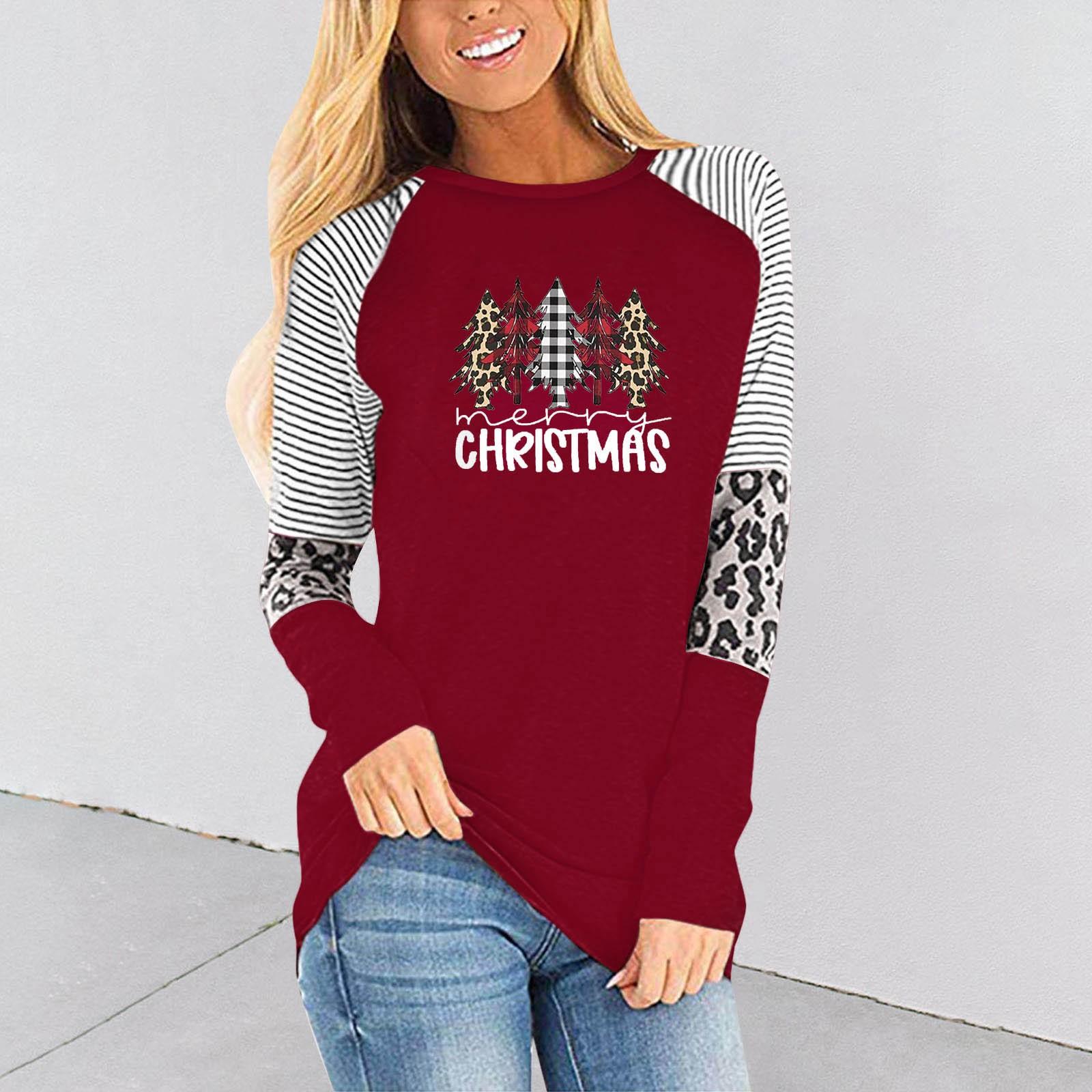 

Женская мода Лето Рождественский принт Туника с длинным рукавом Топы Повседневная блузка XL красный