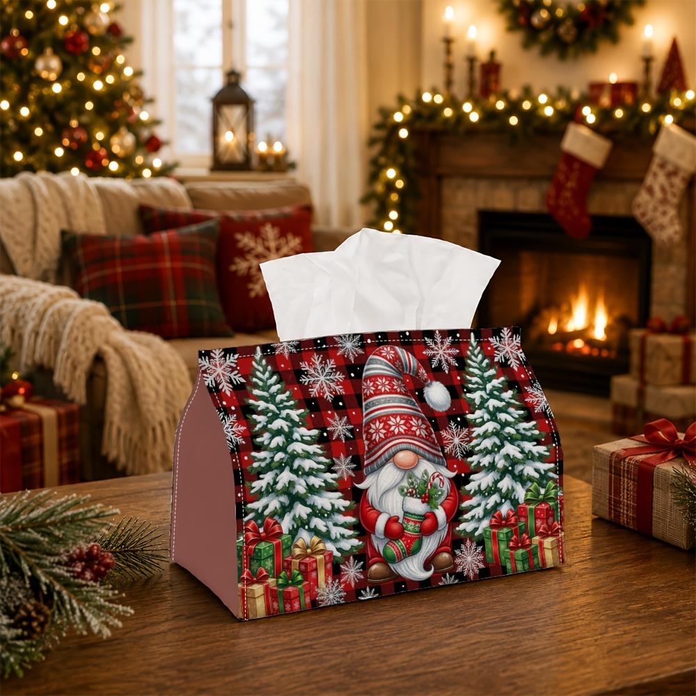 1pc Farmhouse Buffalo Check Tissue Box - Multi-Functional Christmas Napkin Dispenser, Made of Durable Polyester, Decorated with Gnome Pine Tree Art, S