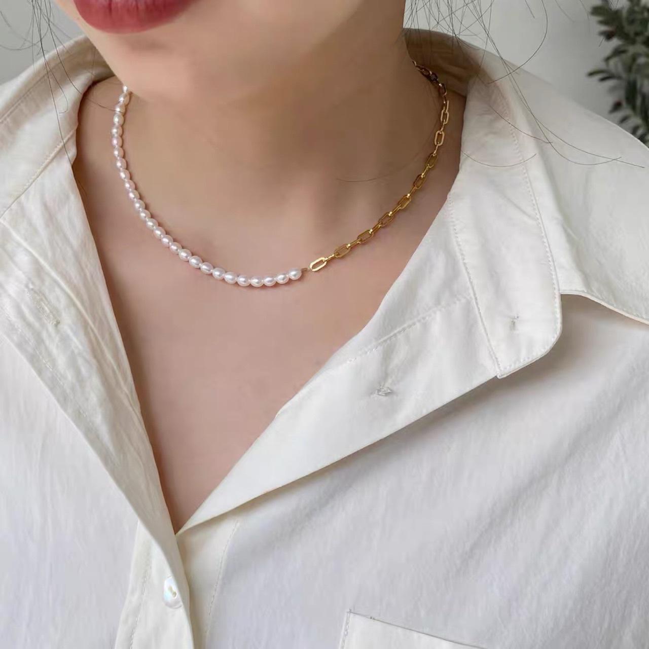 

Natural freshwater pearl splicing necklace, asymmetric chain pearl collarbone chain chocker adjustable necklace natural freshwater pearl 4-5mm