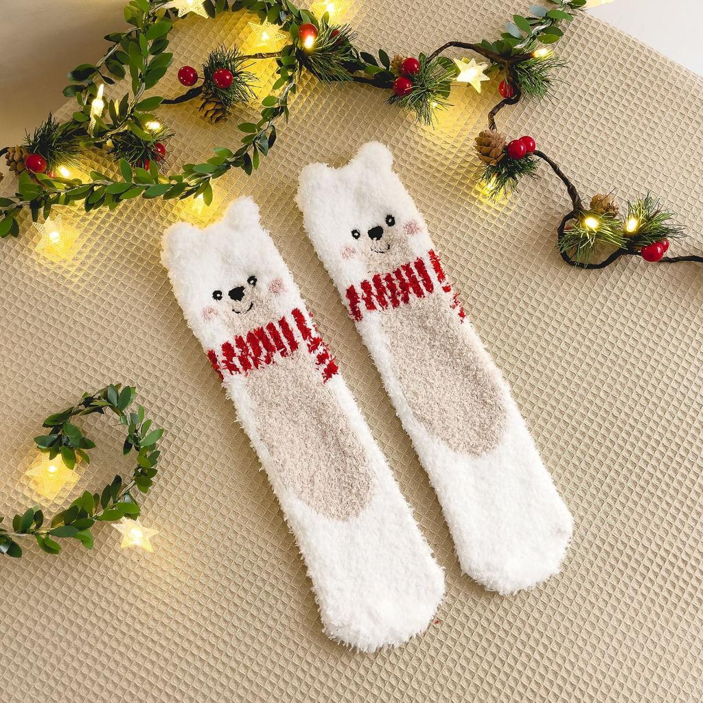Christmas Coral Fleece Socks Thick Warm Fluffy Mid‑Calf Sleep Socks Cute Santa Reindeer Bear Xmas Winter Home Socks
