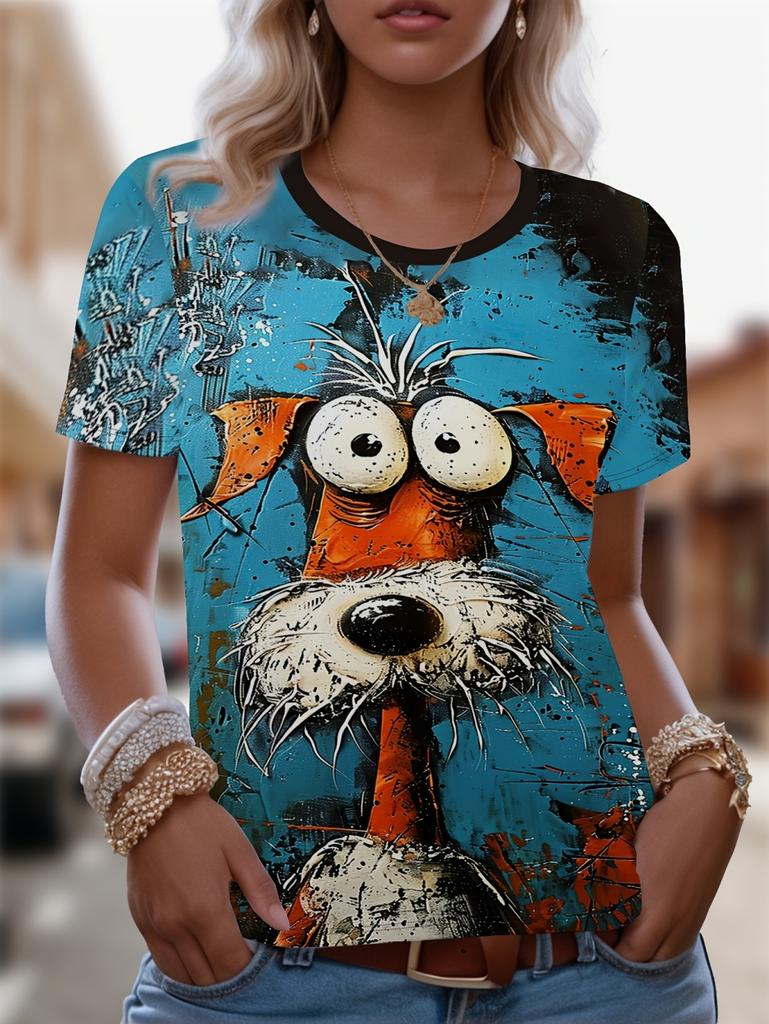 New Women's Short Sleeve T-Shirt Fashion Novelty Cartoon Dog Graphic Print Daily Casual Summer Elegant Round Neck Women Clothes