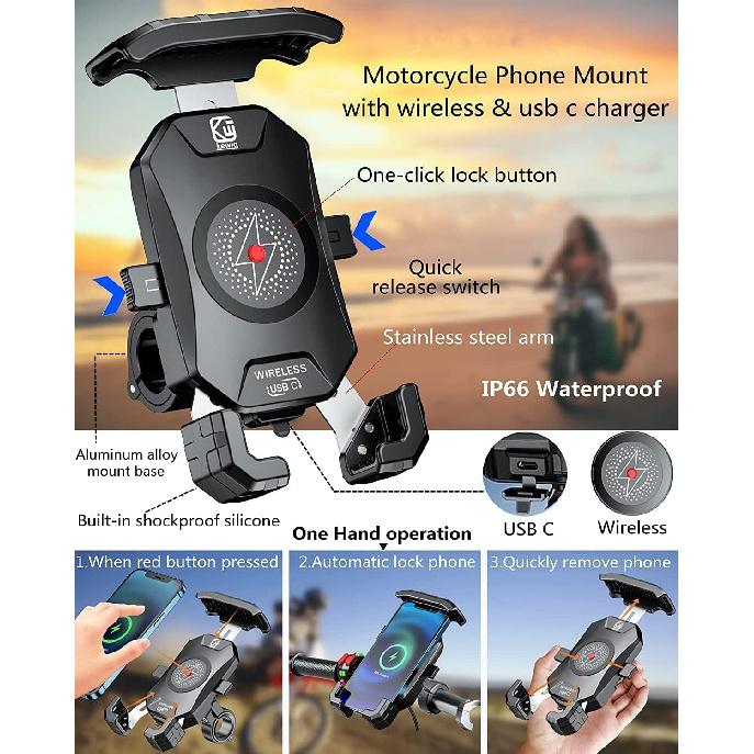 KEWIG Motorcycle Phone Mount Qi 15W Wireless & USB C 20W Fast Chargeing Port, Automatically Lock & Quick Release Handlebar Cell Phone Holder For