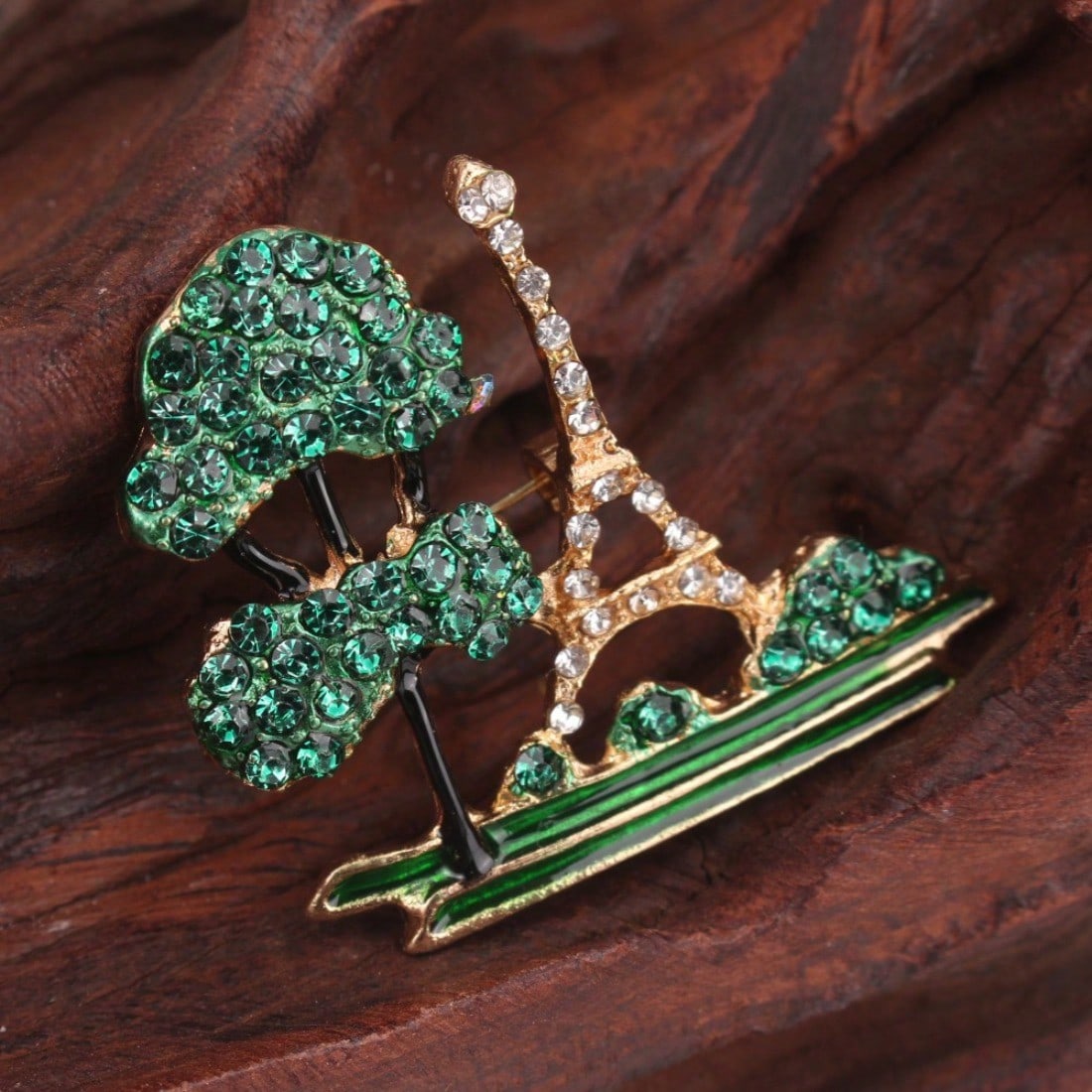 Vintage Gold-Tone Paris Eiffel Tower Brooch - Green Crystal Trees, Retro Luxurious Design, for Travel Enthusiasts , Ideal Gift