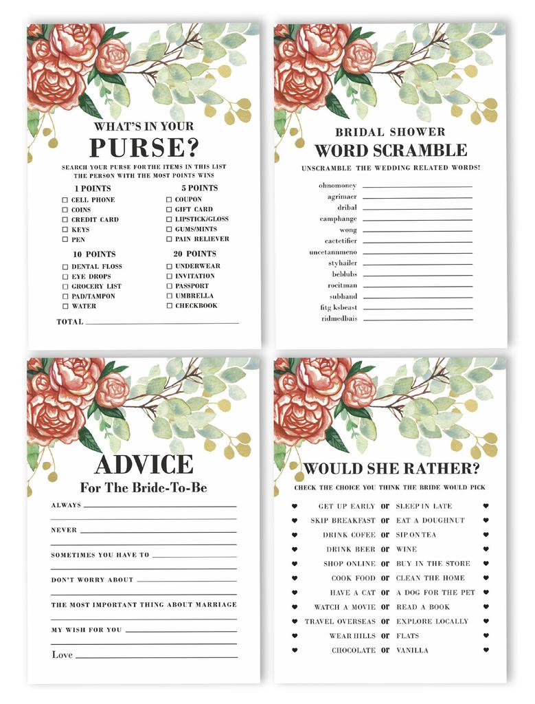 Inkdotpot Bachelorette Party Game Set Bundle Floral Of 4(50 Sheets Each) w Miss to Mrs Gold Banner Fun Bridal Shower Game