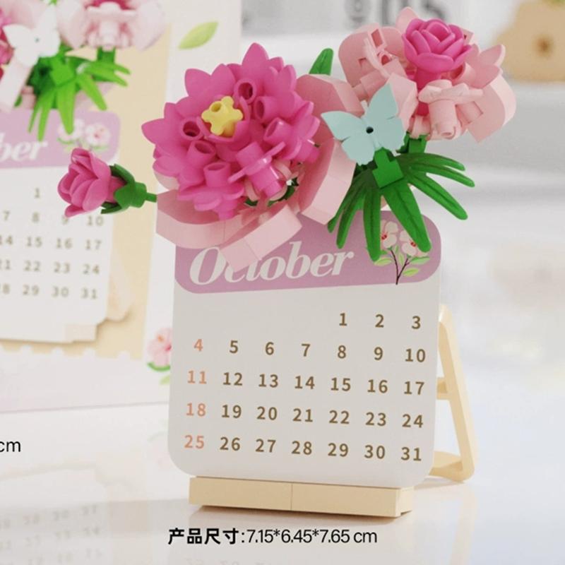 Latest Diy Calendare Time Date Flower Rose Sunflower Phalaenopsis Plum Blossom Construction Blocks Kit  Blocks Model Kids Plaything Gift