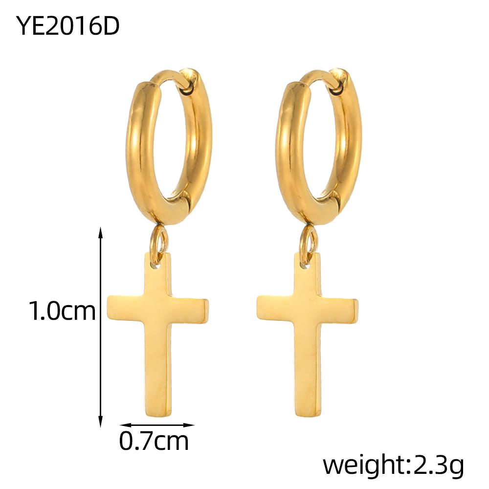 CARLIDANA Gold Plated Punk Style Cross Pendant Earrings Hip Hop Stainless Steel Hoop Earrings for Women Huggie Style-for Gift