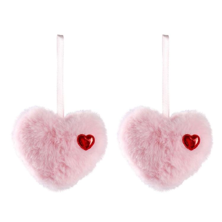 2Pcs Soft Furry Heart Shape Ball Hanging Ornament For Christmas Tree Mantels Window Wall Display Festival Decoration