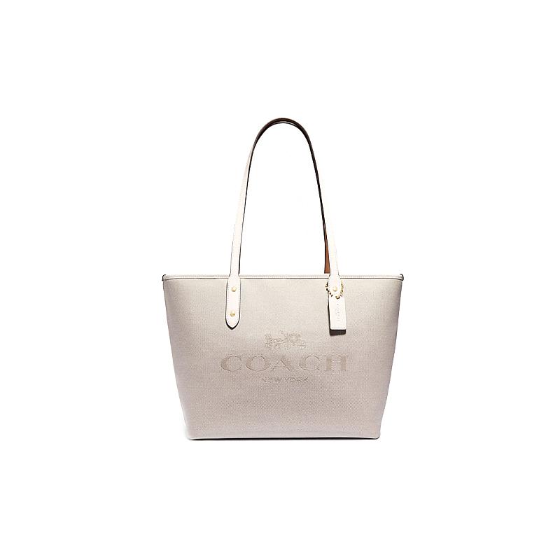 

COACH City Zip Tote 30 Carriage Pattern Jacquard Zipper Fabric with Cowhide Tote Bag Shopping Bag Tote Bag Handbag Shoulder Bag Women s Pure White білий